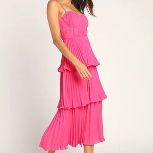 Lulu's Pink Pleated Tiered Midi Sundress